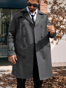 Manfinity CasualCool Men's Solid Color Double-Breasted Pocket Long Sleeve Trench Coat,Fall Men Clothes,Blue Trench Coat,Gifts For Boyfriend