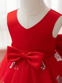 Glamorique Kids 女婴圣诞派对礼服，闪亮蓝色网纱拖尾长裙，配大蝴蝶结缎面蓬蓬裙，女婴生日宴会正式礼服 - 紅色 - 查看 7