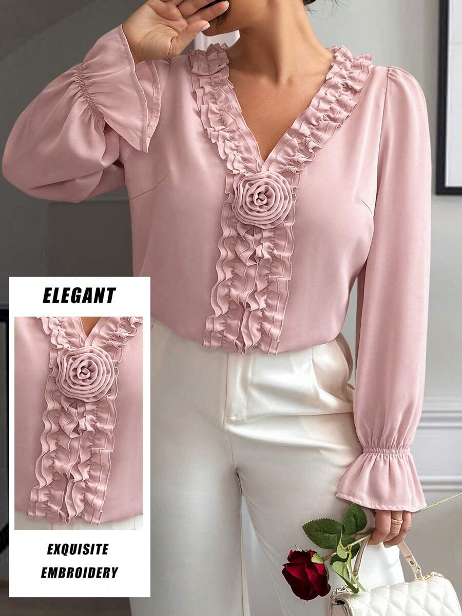 SHEIN Elenzya 大码女式休闲长袖衬衫,情人节 - 粉色 - 查看 1