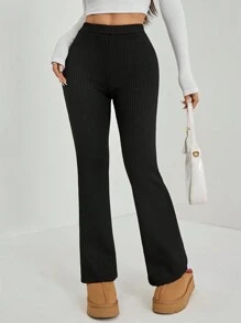 SHEIN PETITE Women's Solid Color Flared Black Velvet Trousers ,Petite Women - Black - View 6