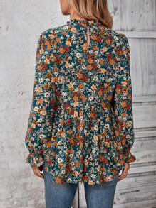 EMERY ROSE 女士度假风满版花卉印花圆领荷叶边长袖休闲衬衫