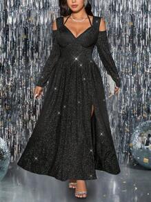 Celure Vestido elegante de fiesta con escote en V, hombros abiertos, cintura ceñida, corte evasé y bajo con abertura para mujeres de talla grande. Vestido largo de primavera/otoño para mujer
