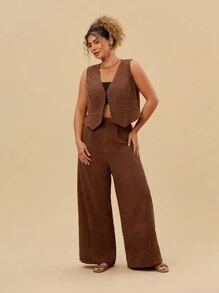 Travachic Plus Size 2pcs/Set Vest Cardigan And Wide Leg Pants Outfit