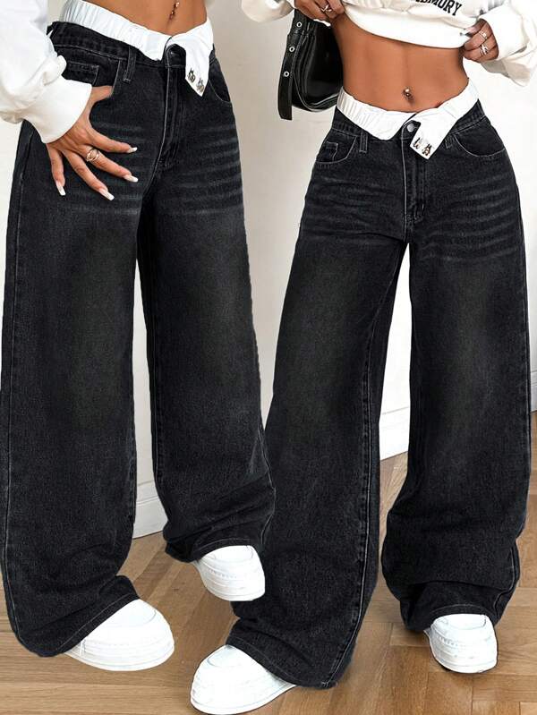 SHEIN PETITE Blugi de damă largi, cu talie joasă, în stil albastru denim, blugi pentru femei, ținute de femeie cowgirl, blugi largi pentru femei, blugi largi vintage, pantaloni pentru femei de iarnă