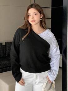 Dazy Petite Plus Color Block Patchwork Asymmetrical Knit Pullover Sweater, Black & White, Spring Autumn,Fall Women Clothes