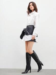 CUCCOO BIZCHIC 时尚基本款舒适通勤性感黑色石纹纯色细高跟及膝靴，适合圣诞节和新年假期氛围秋冬