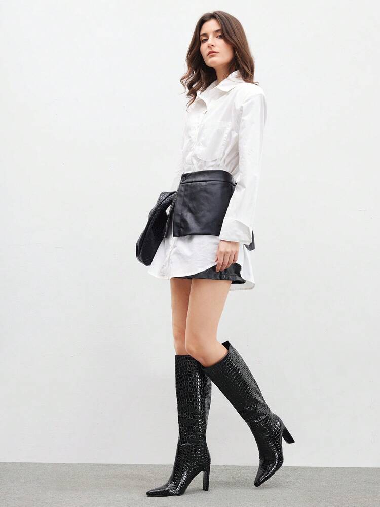 CUCCOO BIZCHIC Botas de tacón de aguja por encima de la rodilla negras con textura de piedra, básicas, cómodas y elegantes para un look de Navidad y Año Nuevo en otoño e invierno