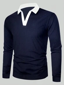 Manfinity Homme Men's Minimalist Contrast Color Long Sleeve Polo Shirt, Suitable For Casual Daily Sports Wear, Collar Golf Shirt, For Friends, Father Gifts,