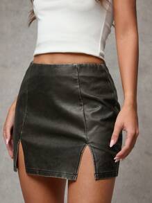 SHEIN BAE 女士黑色纯色性感开衩时尚复古水洗仿皮迷你裙 / 外出下装 / 复古 / 皮裙 / 秋季裙子 / 裤子 / 外出下装 / 皮裙 / 冬季女裙 / 复古风格 / 水洗仿皮下装 / 冬季裙子 / 适合音乐节、狂欢派对、夜间外出 / 女士复古服装 - 黑色 - 查看 5