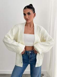 EURMUSE Áo len cardigan dệt kim màu trắng rộng rãi, dài tay, cổ chữ V, thời trang thu đông cho nữ - trắng - Xem 2
