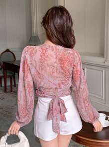 DAZY Floral Print Long Sleeve Tied Front Puff Sleeve Cropped Women Blouse, Spring/Summer,Fall Clothes Graphic Tee Vacation Outfits Women - Red - View 2