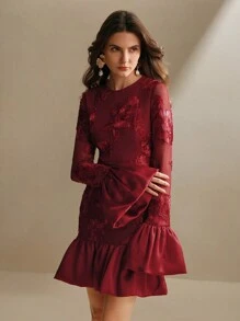 Anewsta Embroidered Floral Bodycon Dress For Women - Burgundy - View 4