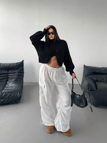 Flirla 大码时尚俏皮高领短款长袖修身针织套头衫，秋冬款 - 黑色 - 查看 5