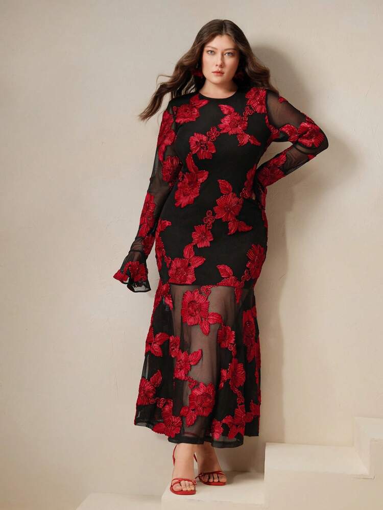 Anewsta Red & Black Festive, Dignified, Elegant, Romantic, Exquisite Floral Embroidered Backless Mermaid Maxi Dress For Paris Gala