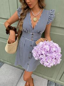 SHEIN Frenchy Striped Print Button Front Butterfly Sleeve Short Summer Dress Casual - Blue and White - View 5
