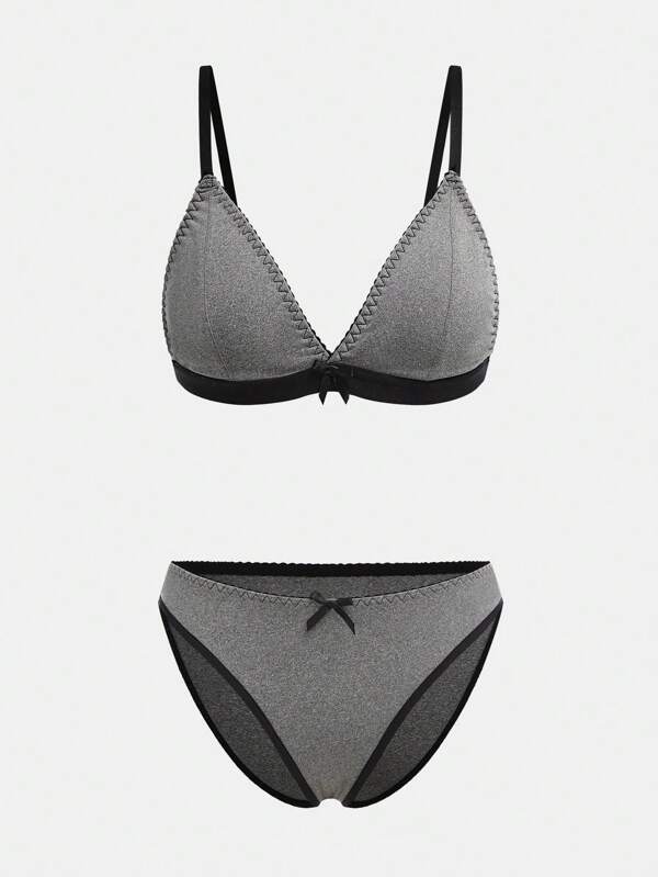 SHEIN Girlism 2 Stücke Teenager-Mädchen minimalistisches, bequemes Schleifenband-Bügel-BH und Slip Set mit V-Ausschnitt, gepolstert, verstellbare Träger