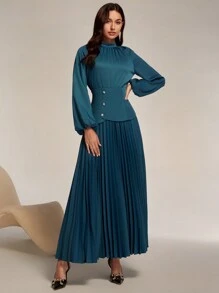 Modelyn Women's Solid Color Stand Collar Long Sleeve Button Decor Pleated Arabic Style Dress Long Evening Dresses - Blue - View 4