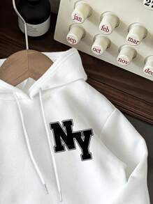 SHEIN EZwear Plus Size Casual NY Letter Pattern Thick Hooded Drawstring Sweatshirt For Women, Autumn/Winter