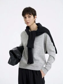 Aalyst Women's Solid Color Patchwork V-Neck Long Sleeve Casual Pullover Sweater