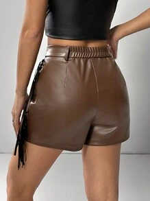 SHEIN PETITE 女款時尚純色流蘇裝飾修身短褲，秋季，小碼女款 - 咖啡棕 - 查看 2