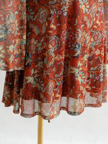 Soleia Blusa con cuello en V, mangas de campana de malla y lazo en talla grande para mujer, con estampado floral vintage en rojo y marrón