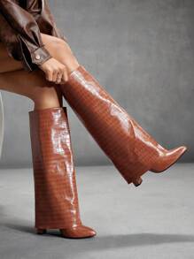 CUCCOO SZL 女士时尚棕色石纹粗跟尖头过膝靴，时尚派对、节日和圣诞节新年情人节 - 棕色 - 查看 2