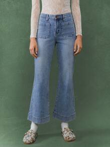 WESTFADE 春季弹力高腰酸洗七分宽松喇叭牛仔裤 - 淺色水洗藍 - 查看 2