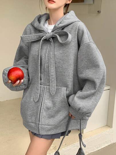 DAZY 女士纯色蝴蝶结连帽抓绒卫衣秋冬拉链外套