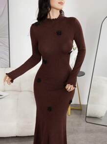 Modelyn 女士拼色莲花荷叶边下摆连衣裙 - 咖啡棕 - 查看 6