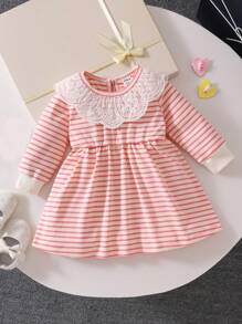 SHEIN Baby Girls Spring/Autumn Korean Style Cute Long Sleeve White Lace Collar Striped Knit Dress - Pink - View 4