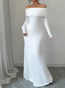 Rafferiza Petite 性感优雅修身长袖束腰双层露肩扭背镂空鱼尾下摆罗纹针织连衣裙，女式秋冬长款女装 - 白色 - 查看 6