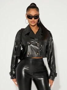 SHEIN SXY Versatile Black PU Motorcycle Jacket, Sexy & Stylish, Autumn/Winter - Black - View 3