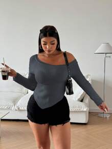 Calvaya Plus Size Women Solid Color Raglan Sleeve Long Sleeve Asymmetric Hem Pullover Sweater, Autumn/Winter Knit Pullover Fall - Dark Grey - View 4