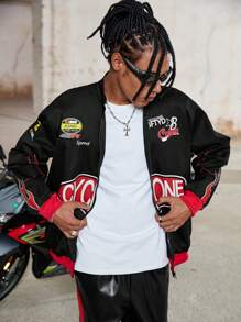 PAVTROS 男士休闲火焰与字母印花夹克，秋季 - 黑色 - 查看 3