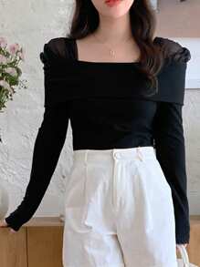 DAZY Women Square Neck Solid Mesh Contrast Long Sleeve T-Shirt, Casual,Fall Clothes