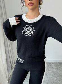 Elenzga Damski sweter w jednolitym kolorze z patchworkowym wzorem i okrągłym dekoltem i długim rękawem