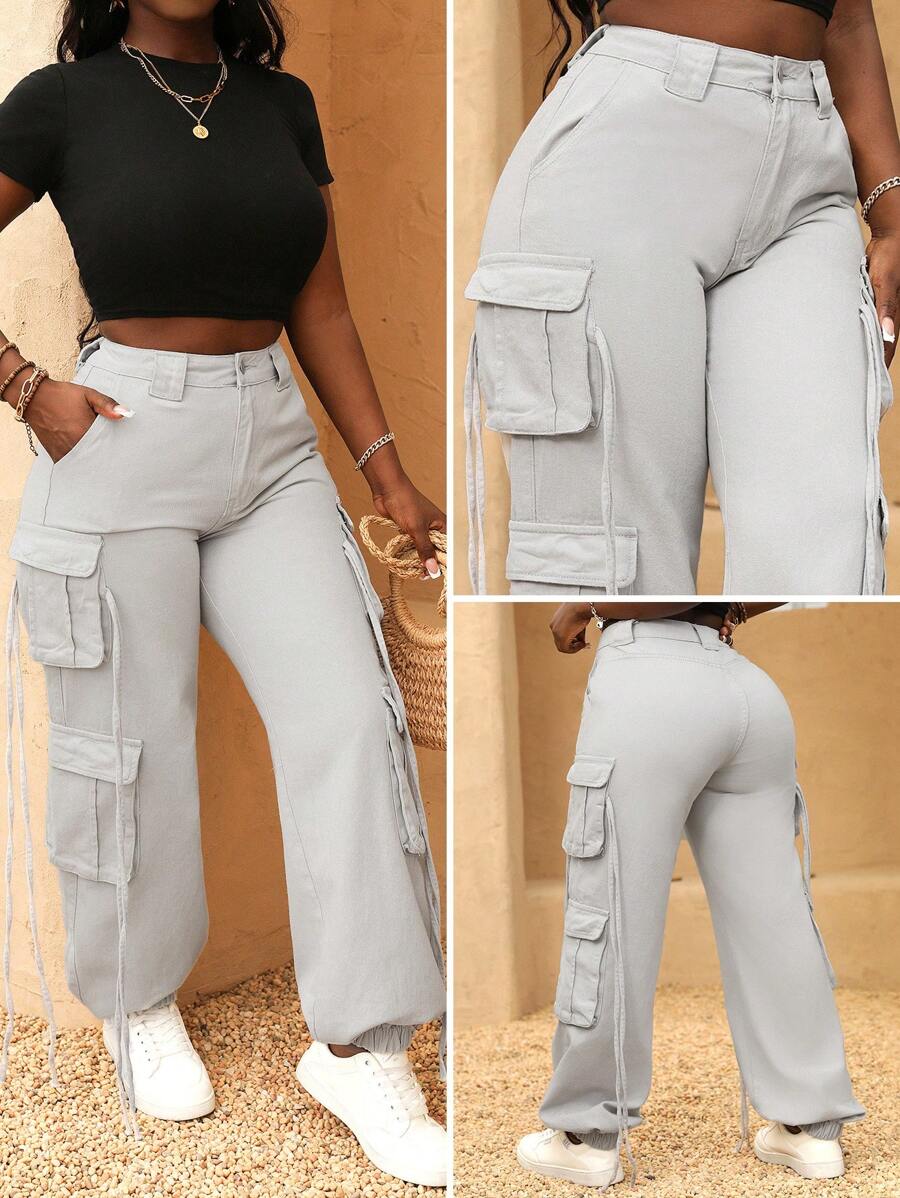 SHEIN Slayr 女式直筒宽松休闲工装牛仔裤，配有多个口袋 - 淺灰色 - 查看 1
