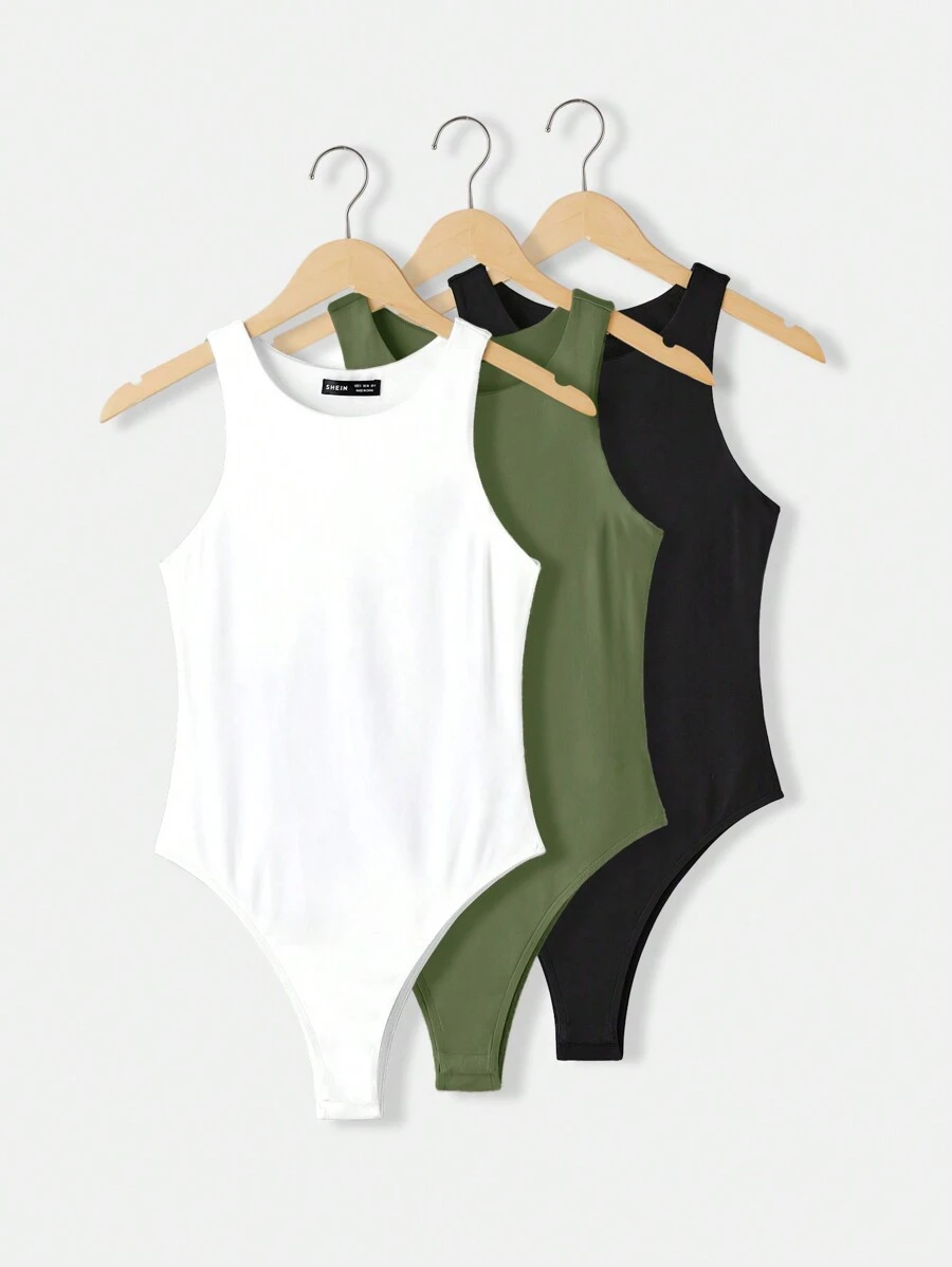 SHEIN BASICS 3件組女款休閒圓領無袖修身素色針織連身衣夏季上衣 - 軍綠色 - 查看 1