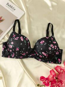 Plus Size Women Floral Print Supportive Underwire Lingerie Bra - Black - View 6