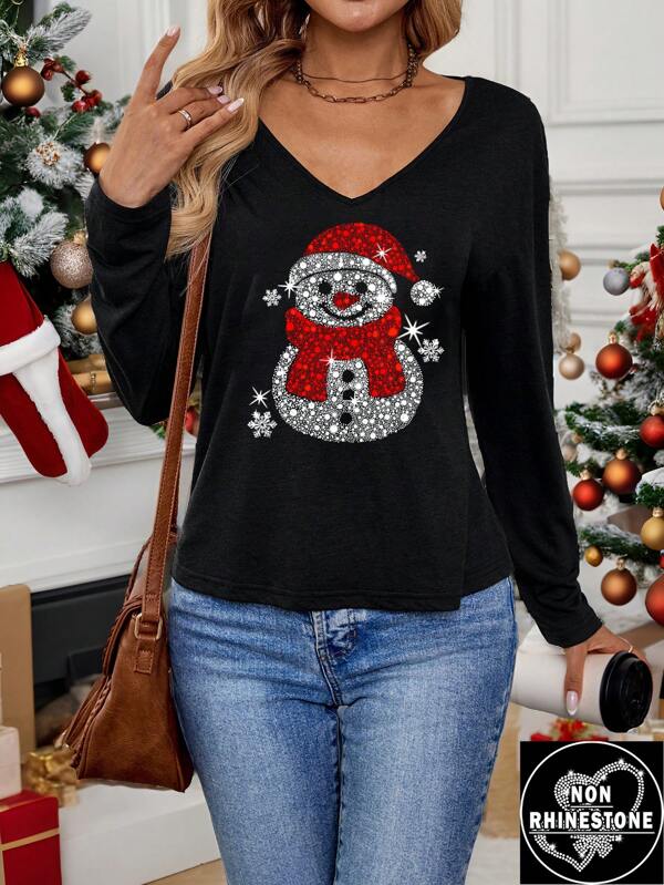 EMERY ROSE Tricou de damă ocazional, minimalist, obișnuit, cu decolteu în V, cu mânecă lungă, cu strass artificial, Om de zăpadă de Crăciun și pălărie de Moș Crăciun, potrivit pentru ținuta de Crăciun, toamnă/iarnă