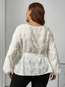 SHEIN Frenchy Plus Size Women Jacquard Round Neck Lantern Sleeve Casual Shirt, Autumn - Apricot - View 5