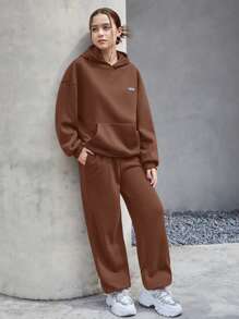 SHEIN Leap Crew Teen Girls Brown Solid Color/Graphic Letter/Hoodie/Pockets Sweatpants/Casual 2 Pieces Set/Preppy Style/Sportswear Set - Brown - View 4