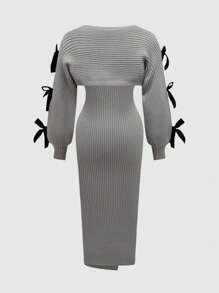 ROMWE Kawaii Đầm mini cổ nơ xếp ly đan lưới gợi cảm cho nữ, phong cách học thuật, dáng bodycon đuôi cá - Xám - Xem 2