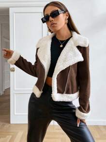 SHEIN EZwear Damkappor Teddyfodrad öppen framsida mockamotojacka för höst/vinter - Kaffebrun - Visa 4