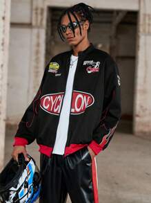 PAVTROS 男士休闲火焰与字母印花夹克，秋季 - 黑色 - 查看 5