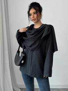 Chiquease Women's Autumn And Winter New Gray Niche Design Loose Long-Sleeved Tweed Coat, Shoulder Splicing Scarf Design, OL Style, Old Money Style, Suitable For Daily, Work, Family Gatherings And Thanksgiving Wear - Grey - View 1