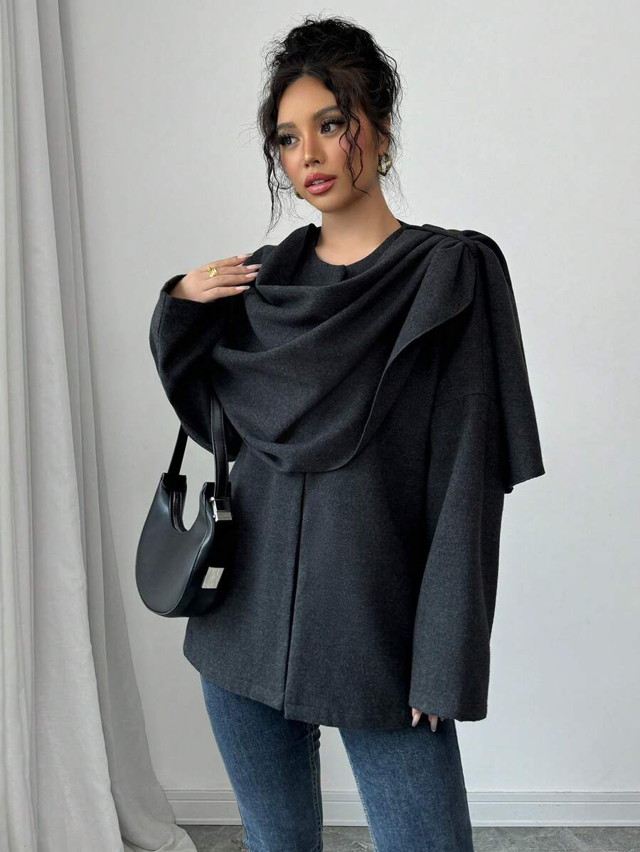 Chiquease Women's Autumn And Winter New Gray Niche Design Loose Long-Sleeved Tweed Coat, Shoulder Splicing Scarf Design, OL Style, Old Money Style, Suitable For Daily, Work, Family Gatherings And Thanksgiving Wear - Grey - View 1