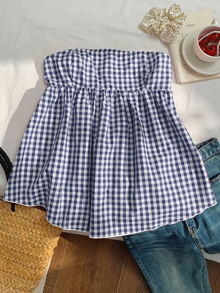 Comfortcana Top casual plissé à carreaux pour femme, pour un port quotidien - Bleu marine - Voir 1