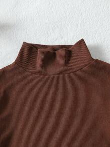 2pcs Girls Stand Collar Solid Color Ribbed Knit Top + Fashionable Versatile Casual Stand Collar Long Sleeve T-Shirt, Autumn/Winter