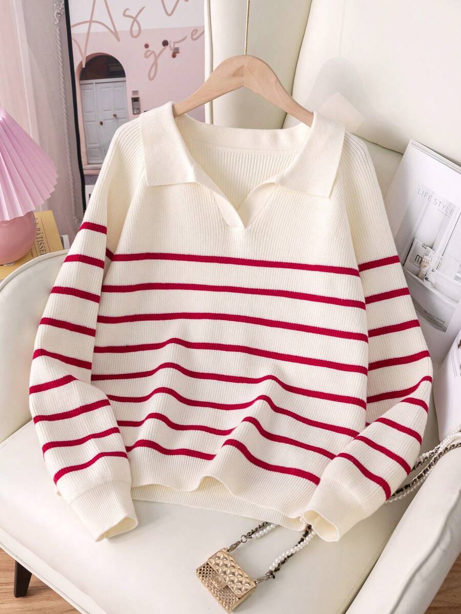 Girls' Contrast Color Black & White Striped Knitted Sweater, Juniors' Elegant Crew Neck Pullover For Commuting - Red - View 1
